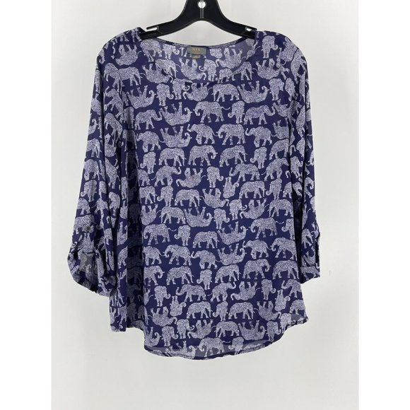Mix by 41 Hawthorn Navy Blue Elephant Print Long Roll Tab Sleeve Top Shirt Small - Picture 2 of 12